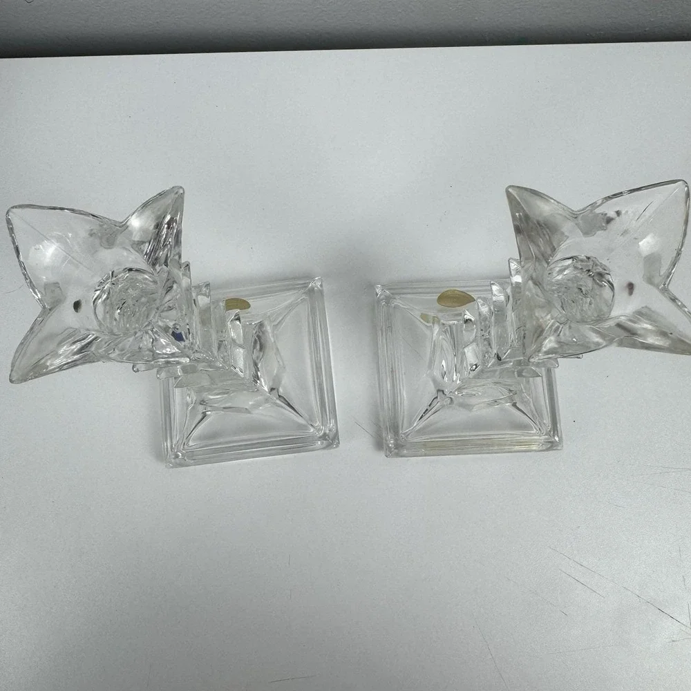 Vtg 1980s Crystal Clear Lead Crystal Candlesticks Pair USA Art Deco Style‎